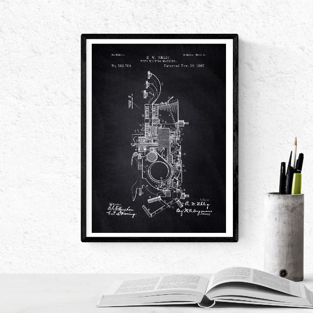 Nacnic Pack De 4 Láminas De Patentes De Máquinas De Escribir Antiguas En Negro