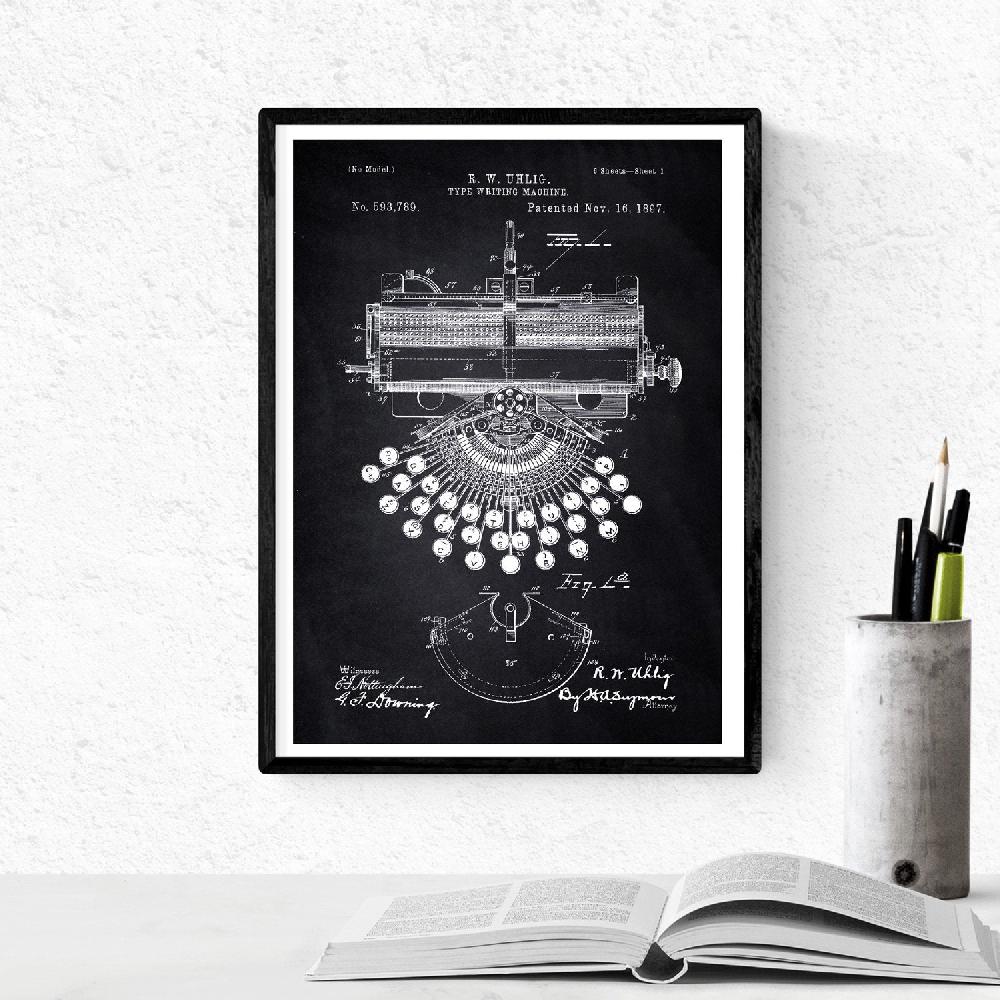 Nacnic Pack De 4 Láminas De Patentes De Máquinas De Escribir Antiguas En Negro