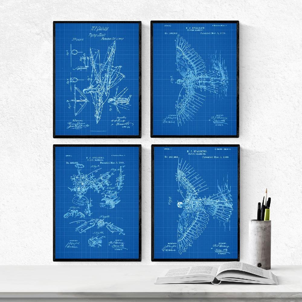 nacnic Pack de 4 Láminas de Patentes de Planeadores Antiguas en Azul