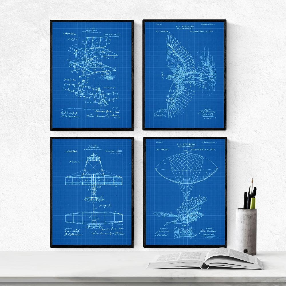 nacnic Pack de 4 Láminas Patentes de Aviones Antiguas Azul