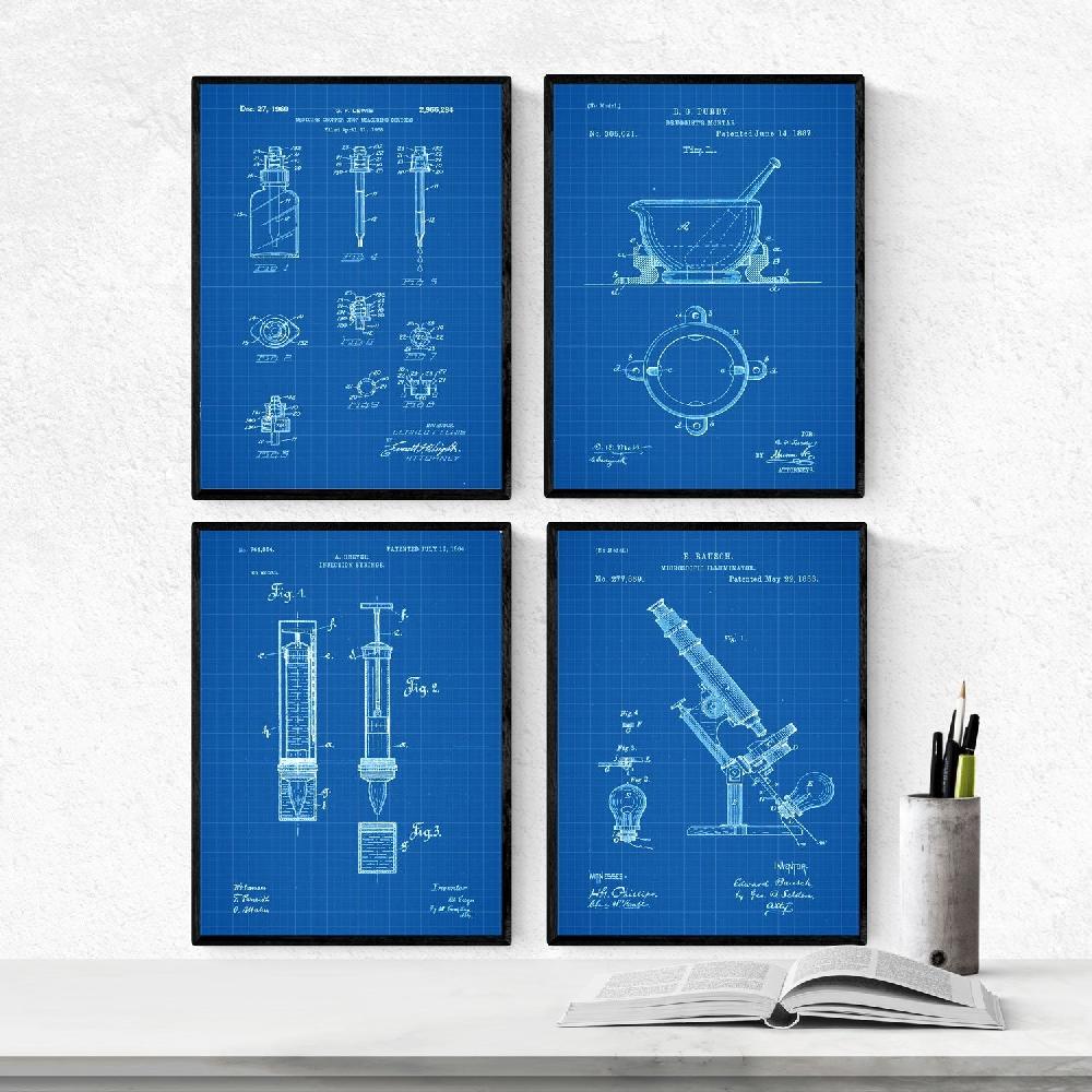 nacnic Pack de 4 Láminas Patentes de Farmacia Antiguas Azul