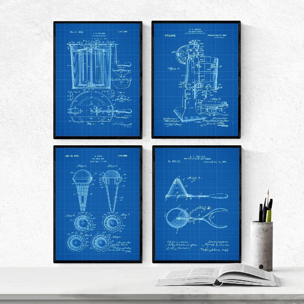 nacnic Pack de 4 Láminas Patentes de Helado Antiguas Azul
