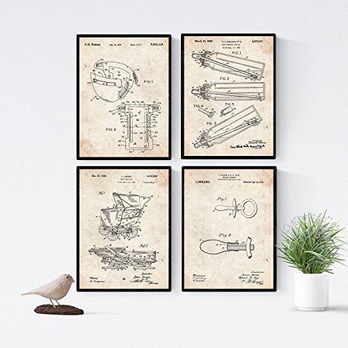 nacnic Pack de 4 Láminas Vintage con Patentes de Bebés Antiguas