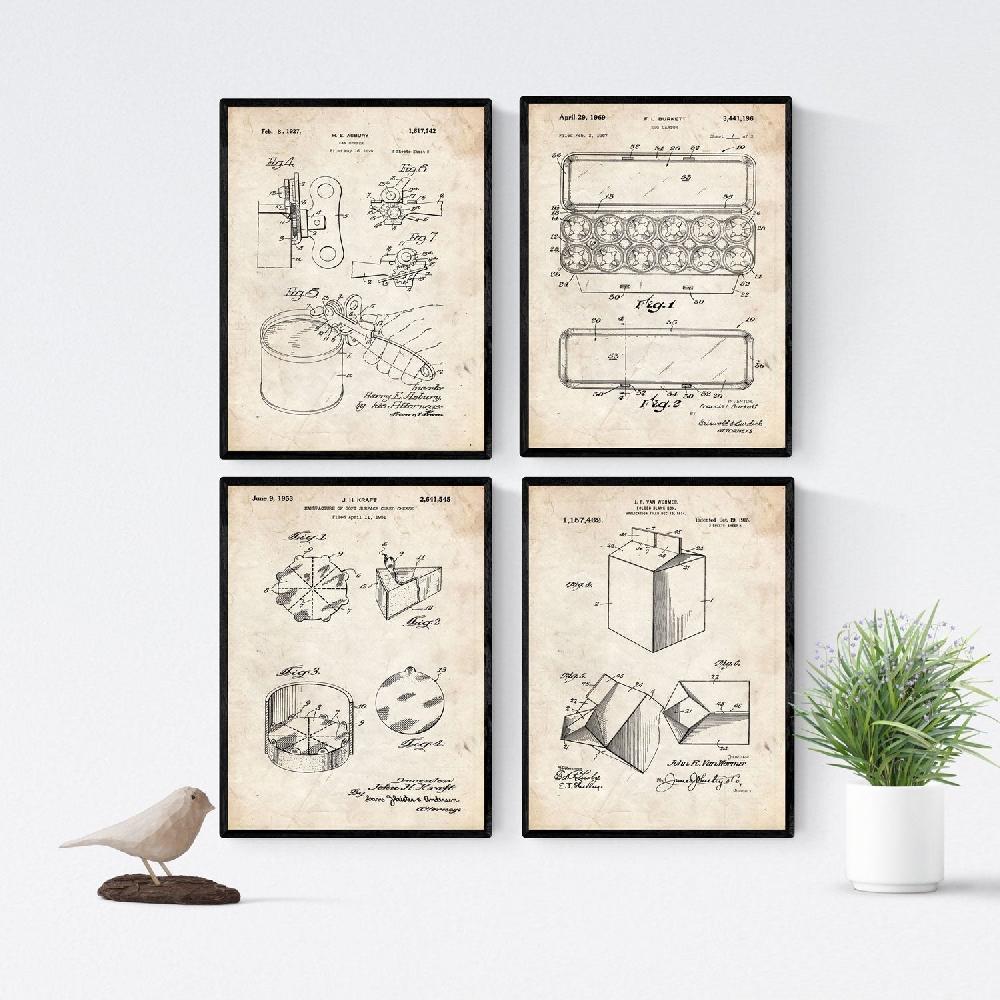 nacnic Pack de 4 Láminas Vintage con Patentes de Comida Antiguas