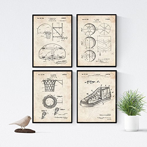 nacnic Pack de 4 Láminas Vintage de Patentes de Baloncesto Nacnic