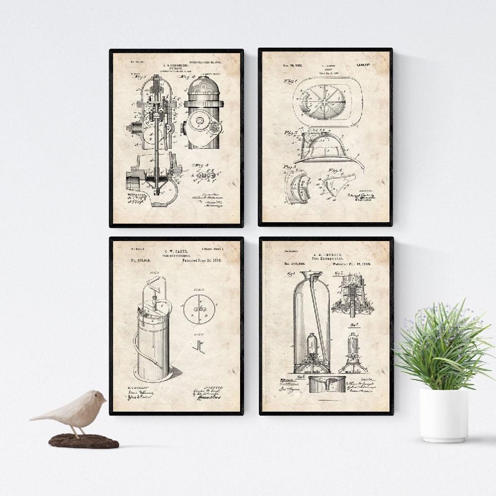 nacnic Pack de 4 Láminas Vintage de Patentes de Bomberos Antiguas