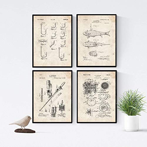 nacnic Pack de 4 Láminas Vintage de Patentes de Pesca Antiguas