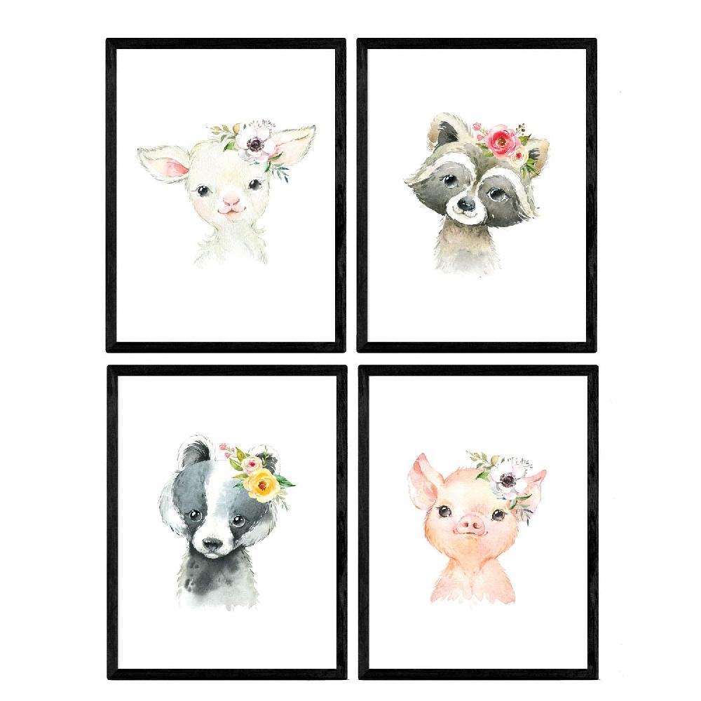 nacnic Pack de Cuatro Láminas de Animales: Cerdo Mapache Cabra y Mofeta