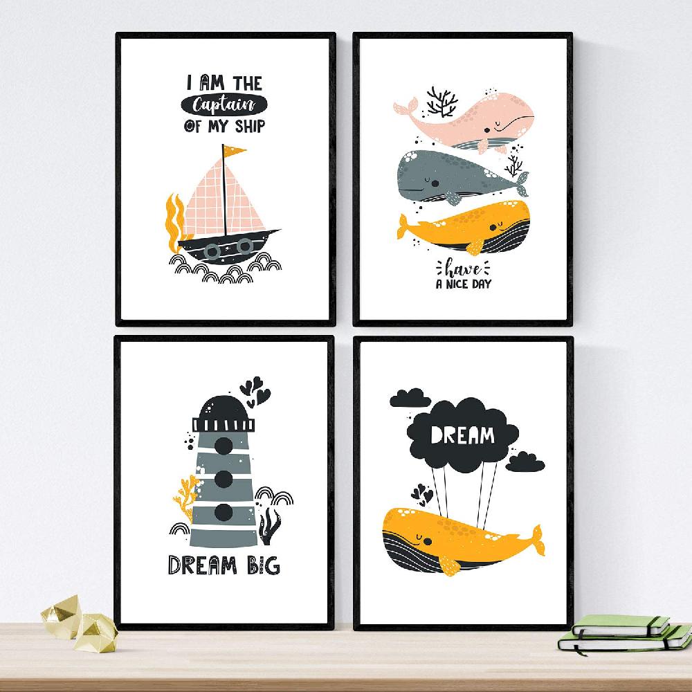 Nacnic Pack De Cuatro Láminas De Ballenas Con Faro Marino Y Barco En El Mar