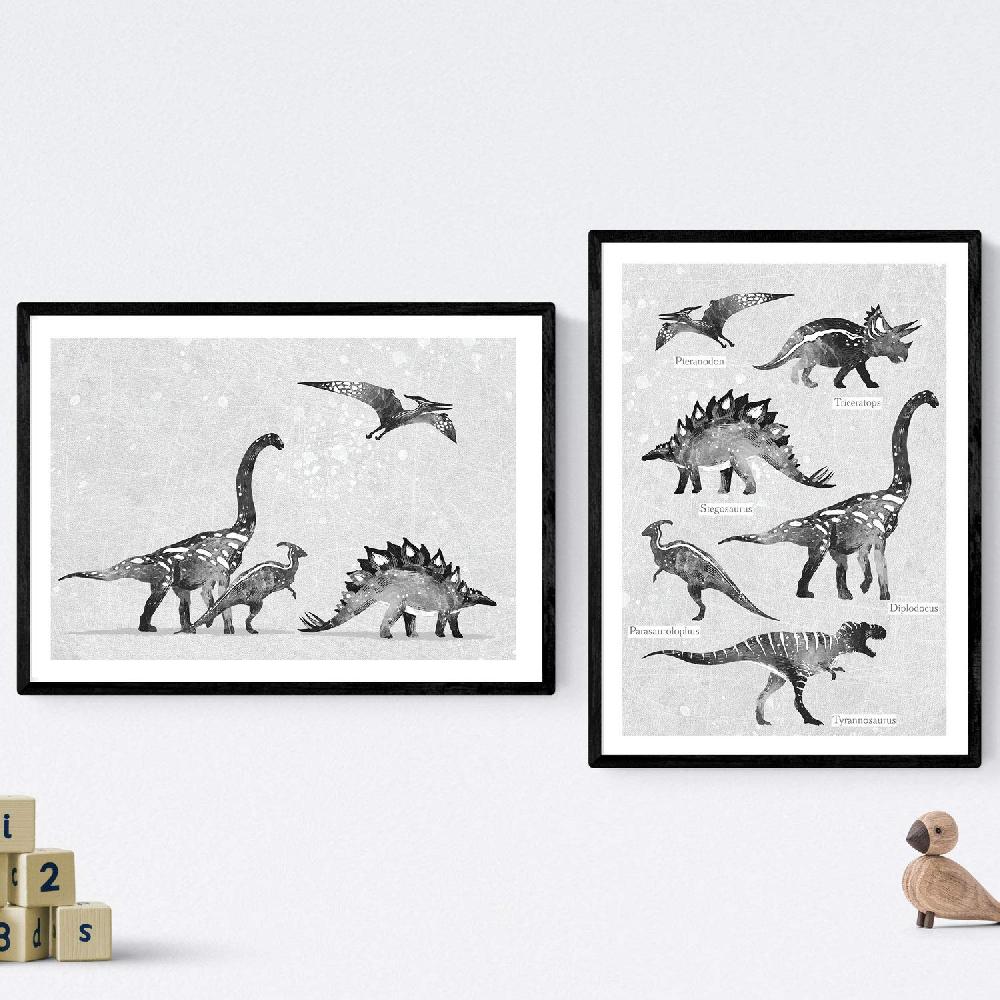 Nacnic Pack De Láminas De Dinosaurios En Tonos Grises Para Niños