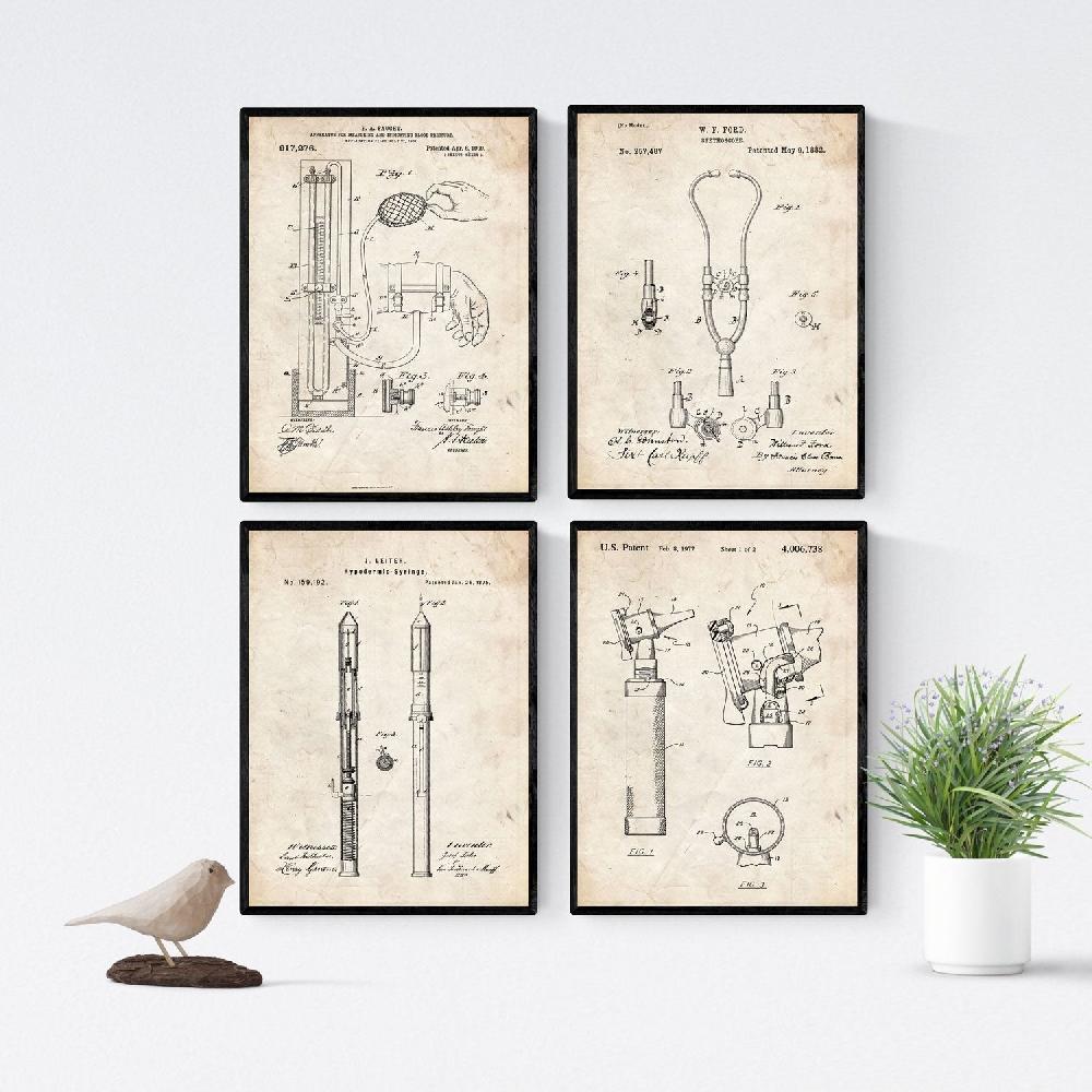 nacnic Pack Vintage de 4 Láminas con Patentes Médicas Antiguas
