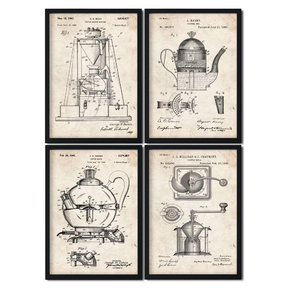 Nacnic Pack Vintage De 4 Láminas De Patentes De Cafeteras Antiguas