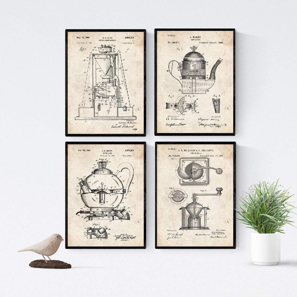 Nacnic Pack Vintage De 4 Láminas De Patentes De Cafeteras Antiguas
