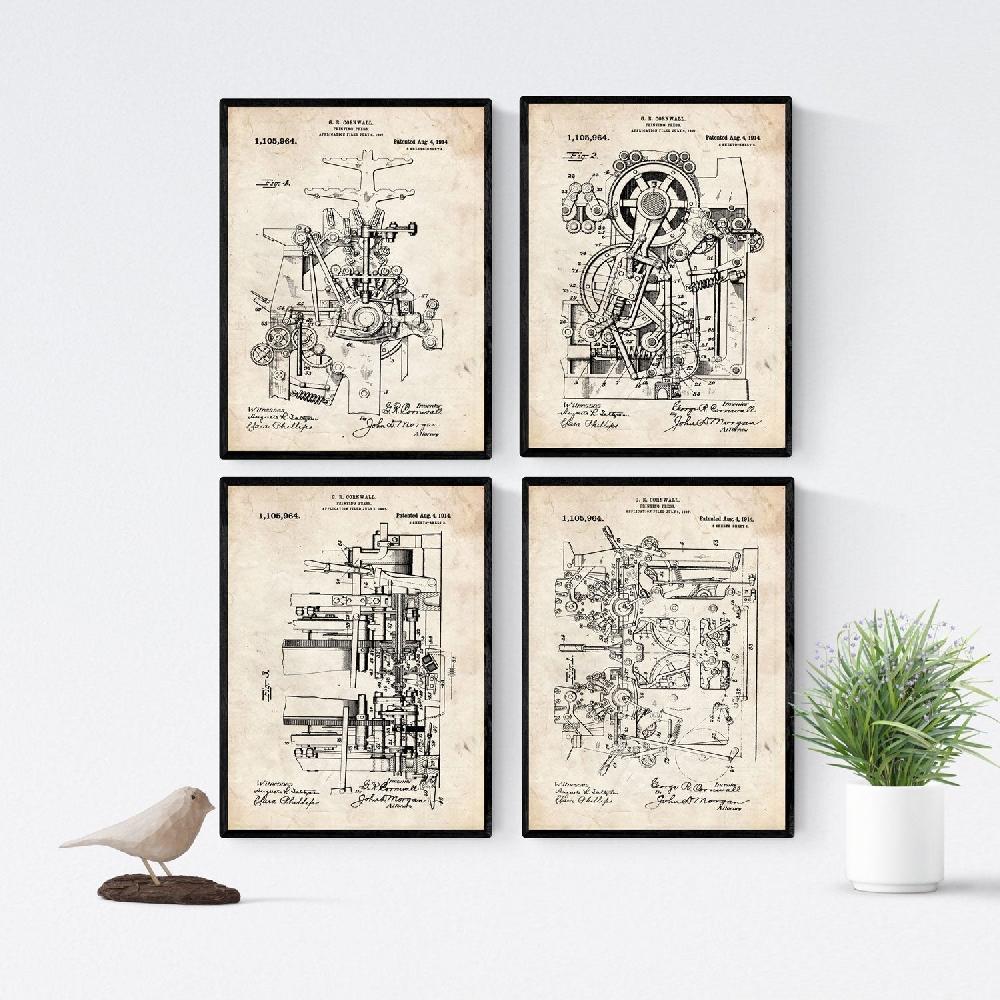 nacnic Pack Vintage de 4 Láminas de Patentes de Imprentas Antiguas