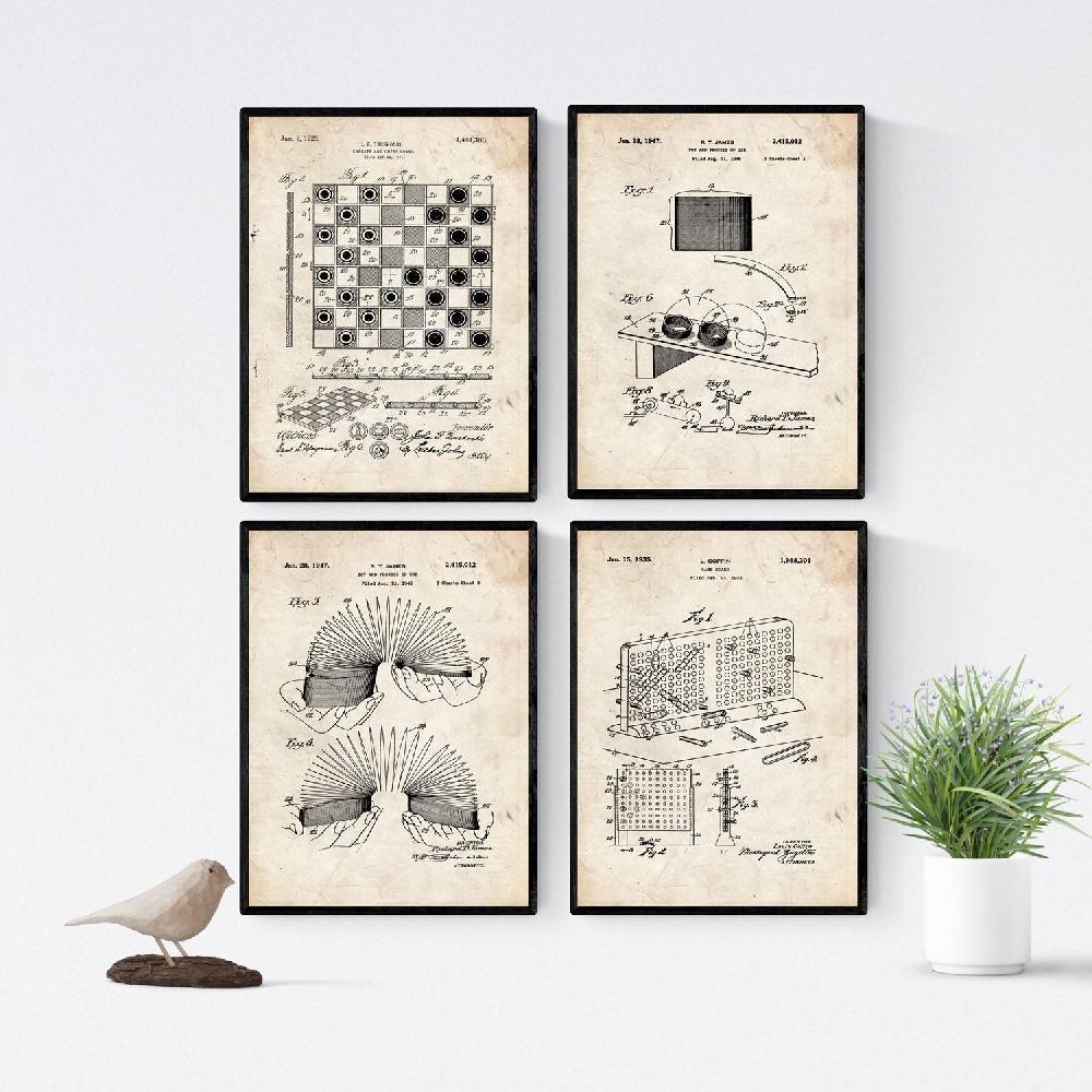nacnic Pack Vintage de 4 Láminas de Patentes de Juegos Infantiles Antiguas