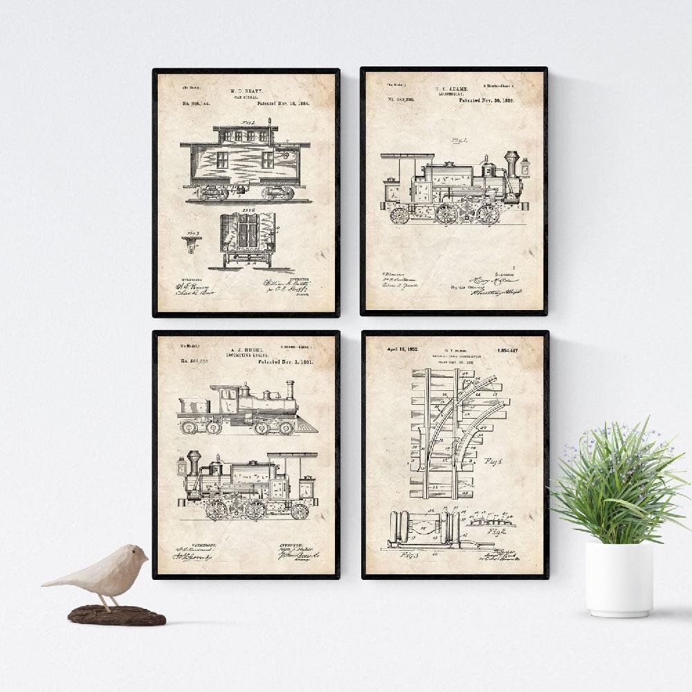 nacnic Pack Vintage de 4 láminas Patentes del Ferrocarril