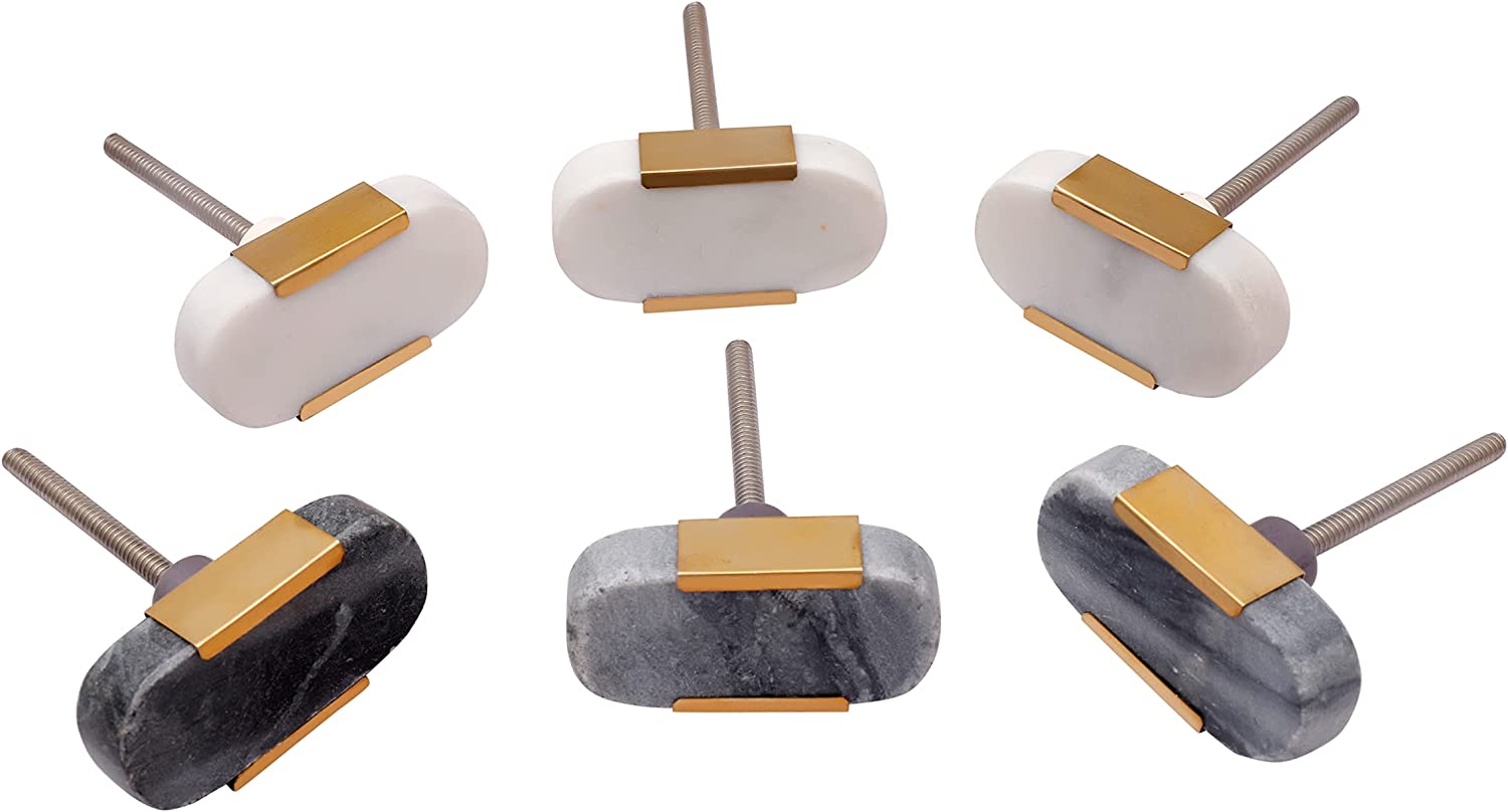 nacnic Pomos tiradores de piedra ovalados tono pizzara con líneas doradas - Juego de 6 para cocina y baño