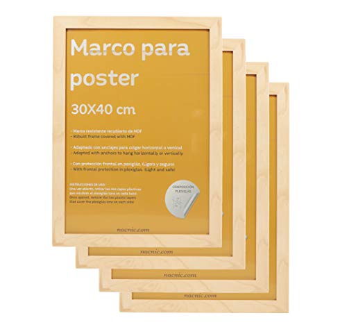 nacnic Set 4 Marcos Nogal para Fotos Robustos de MDF y Plexiglas para Colgar o Apoyar Vertical u Horizontal