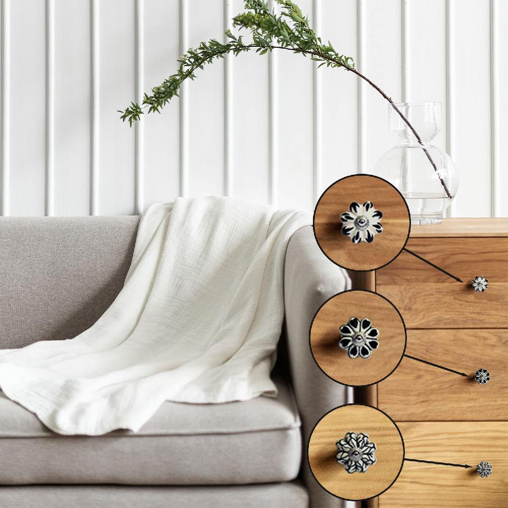 Nacnic Set De 12 Pomos De Cerámica Con Diseño Floral En Blanco Y Negro