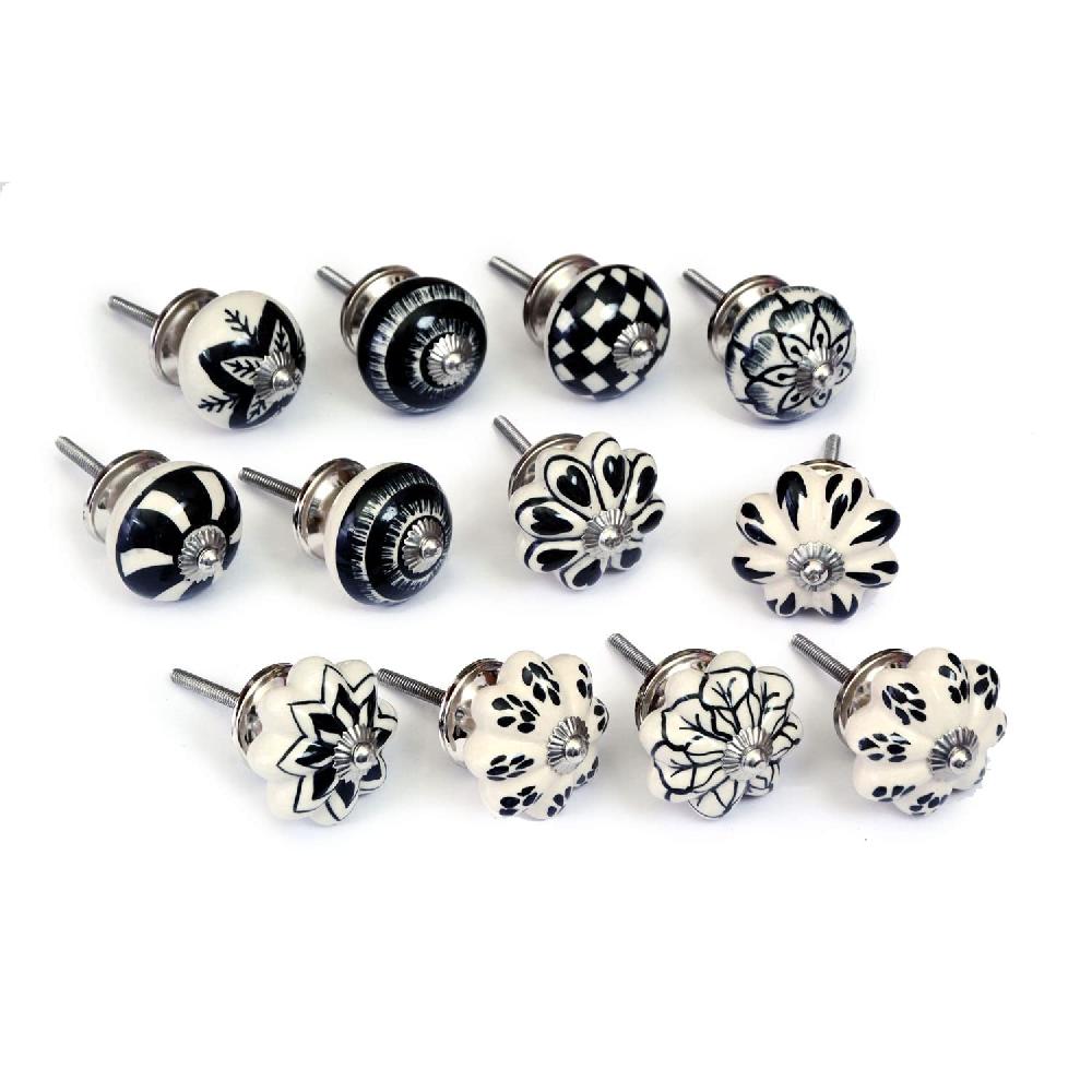 nacnic Set de 12 pomos de cerámica con diseño floral en blanco y negro