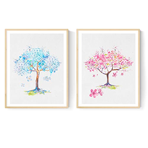 nacnic Set de 2 láminas estilo acuarela de Arbol Rosa y Arbol Azul