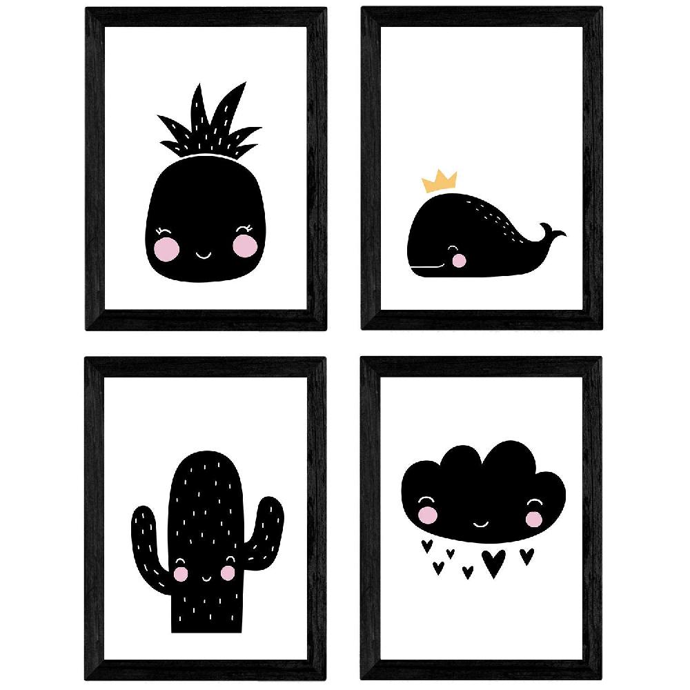 nacnic Set de 4 láminas Cactus Ballena Piña y Nube con Corazones