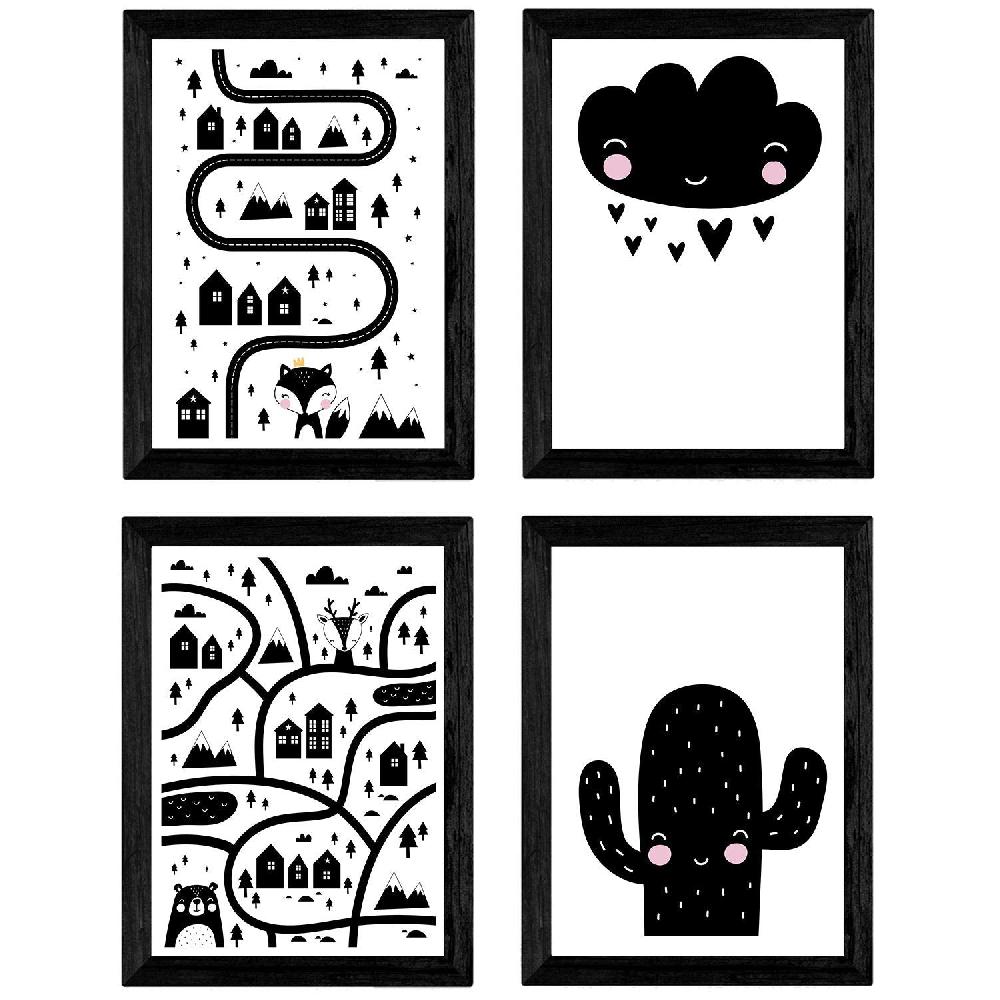 nacnic Set de 4 láminas Ciudad Pueblo Desierto Cactus y Nube Corazones