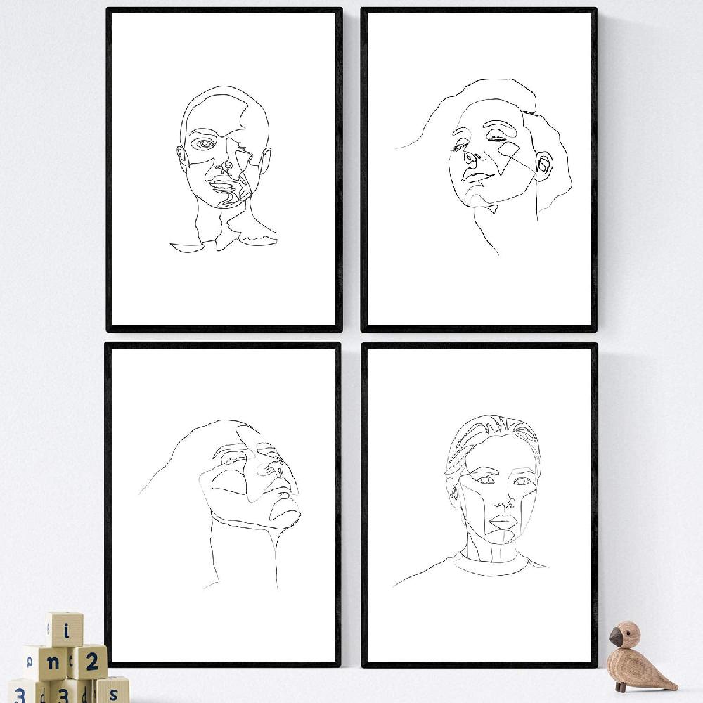 nacnic Set de 4 laminas con bocetos a una linea de rostros y cuerpos naturales