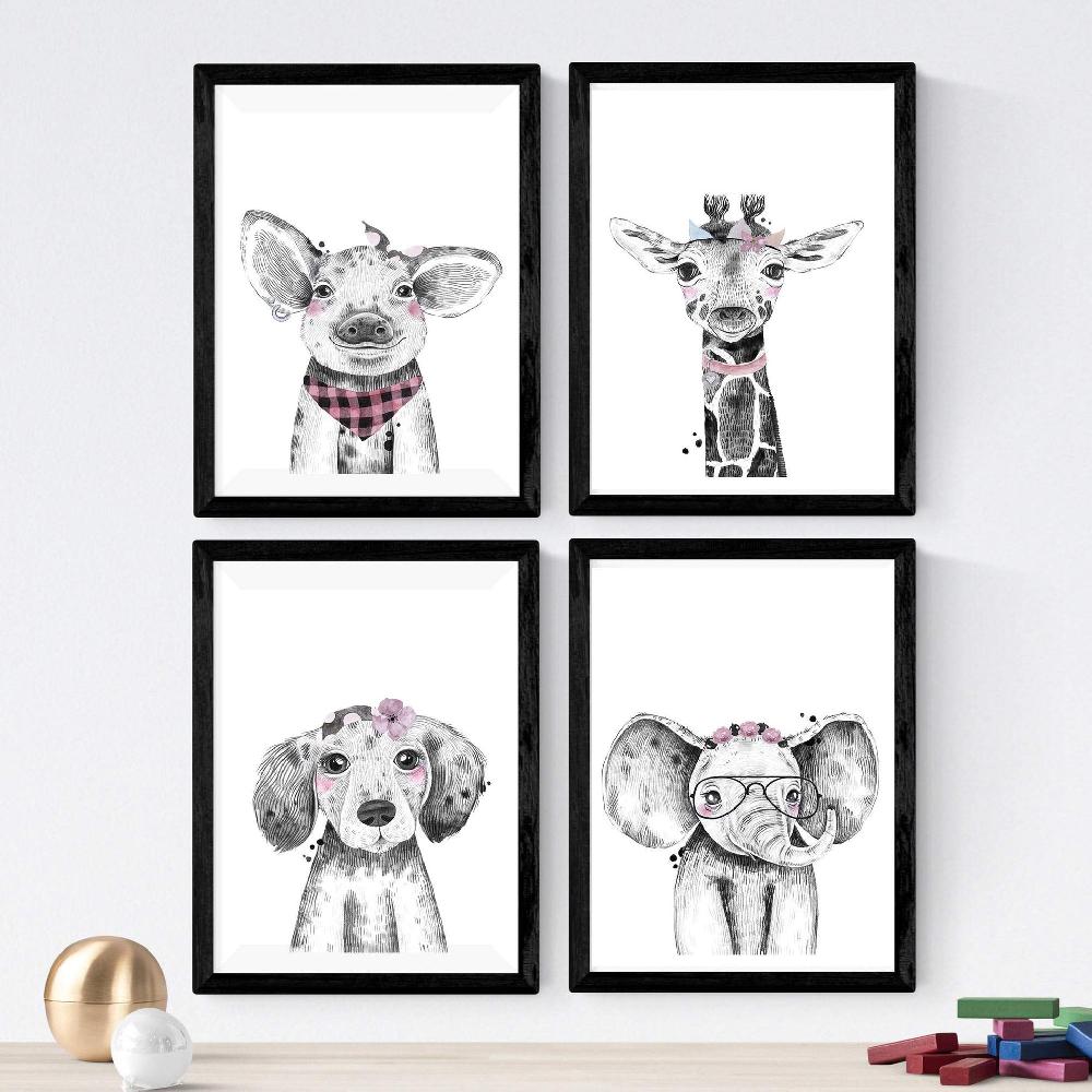 nacnic Set de 4 láminas de Animales Infantiles con Accesorios Rosas