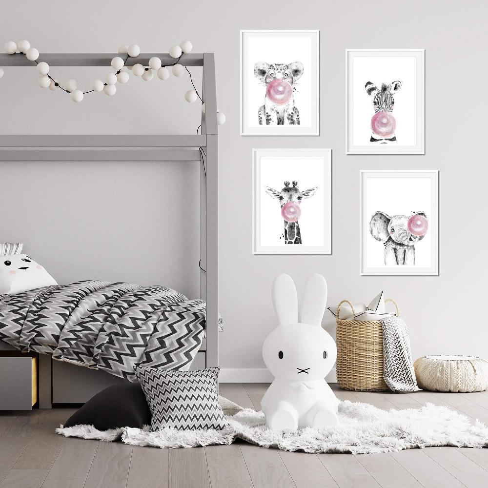 nacnic Set de 4 láminas de Animales Infantiles con Chicle Rosa