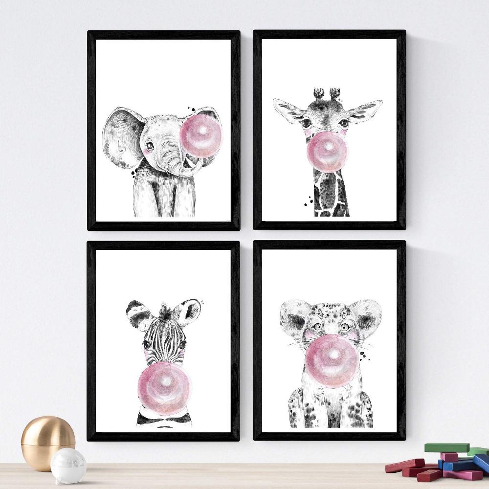 nacnic Set de 4 láminas de Animales Infantiles con Chicle Rosa