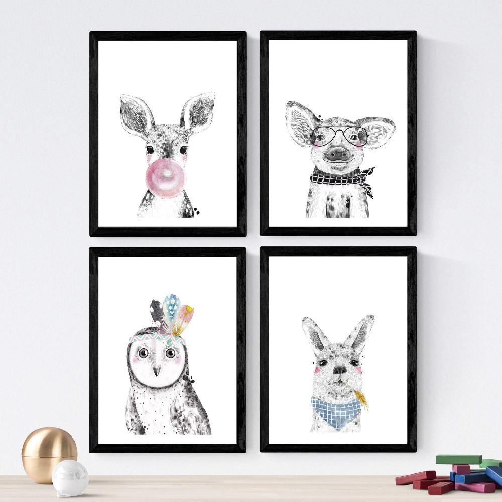 nacnic Set de 4 láminas de Animales Infantiles con Chicle Rosa y Gafas