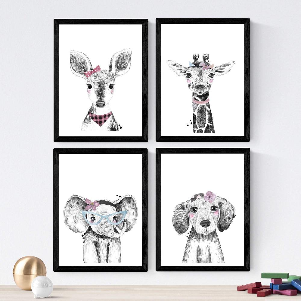 nacnic Set de 4 láminas de Animales Infantiles con Flores y Gafas