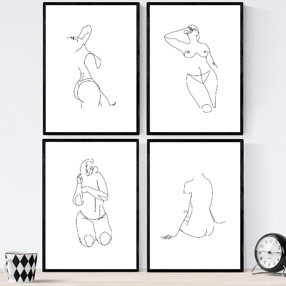 nacnic Set de 4 laminas de desnudos mujer y rostros en una linea