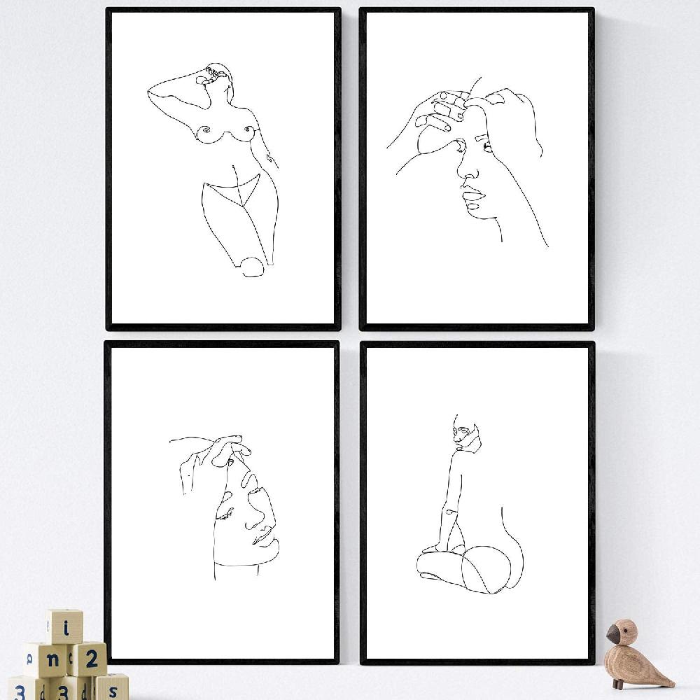 nacnic Set de 4 láminas de dibujos y bocetos de mujer a una línea en estilo nórdico