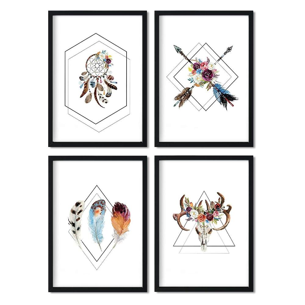 Nacnic Set De 4 Láminas De Formas Geometricas Y Plumas Boho