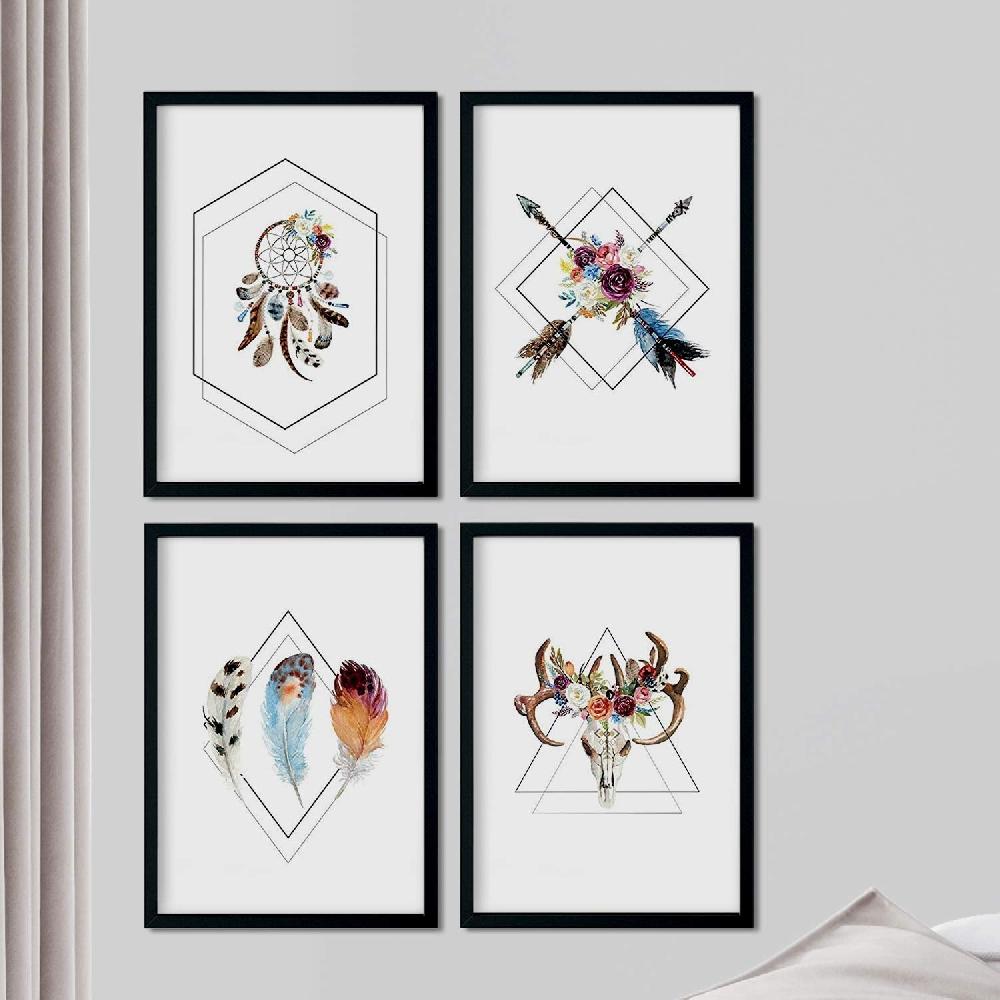 nacnic Set de 4 láminas de Formas Geometricas y Plumas Boho