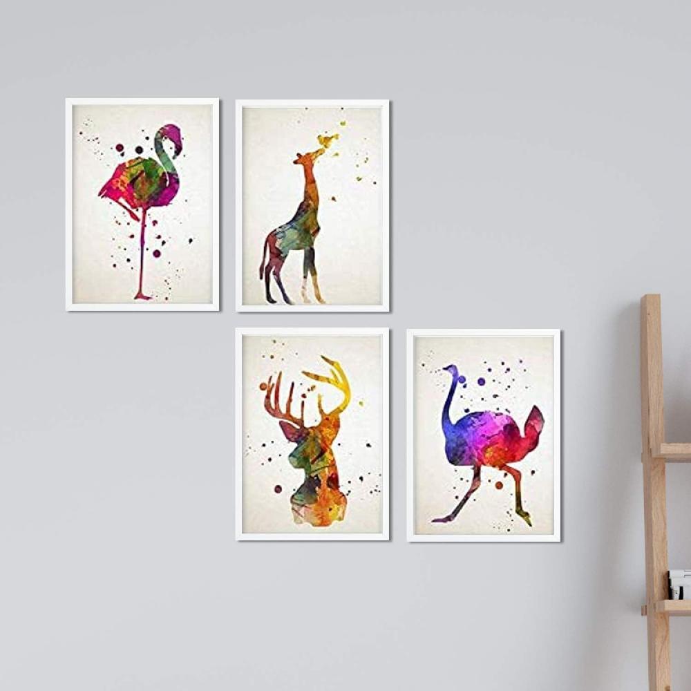 nacnic Set de 4 Láminas Estilo Acuarela de Flamenco Avestruz Ciervo y Jirafa