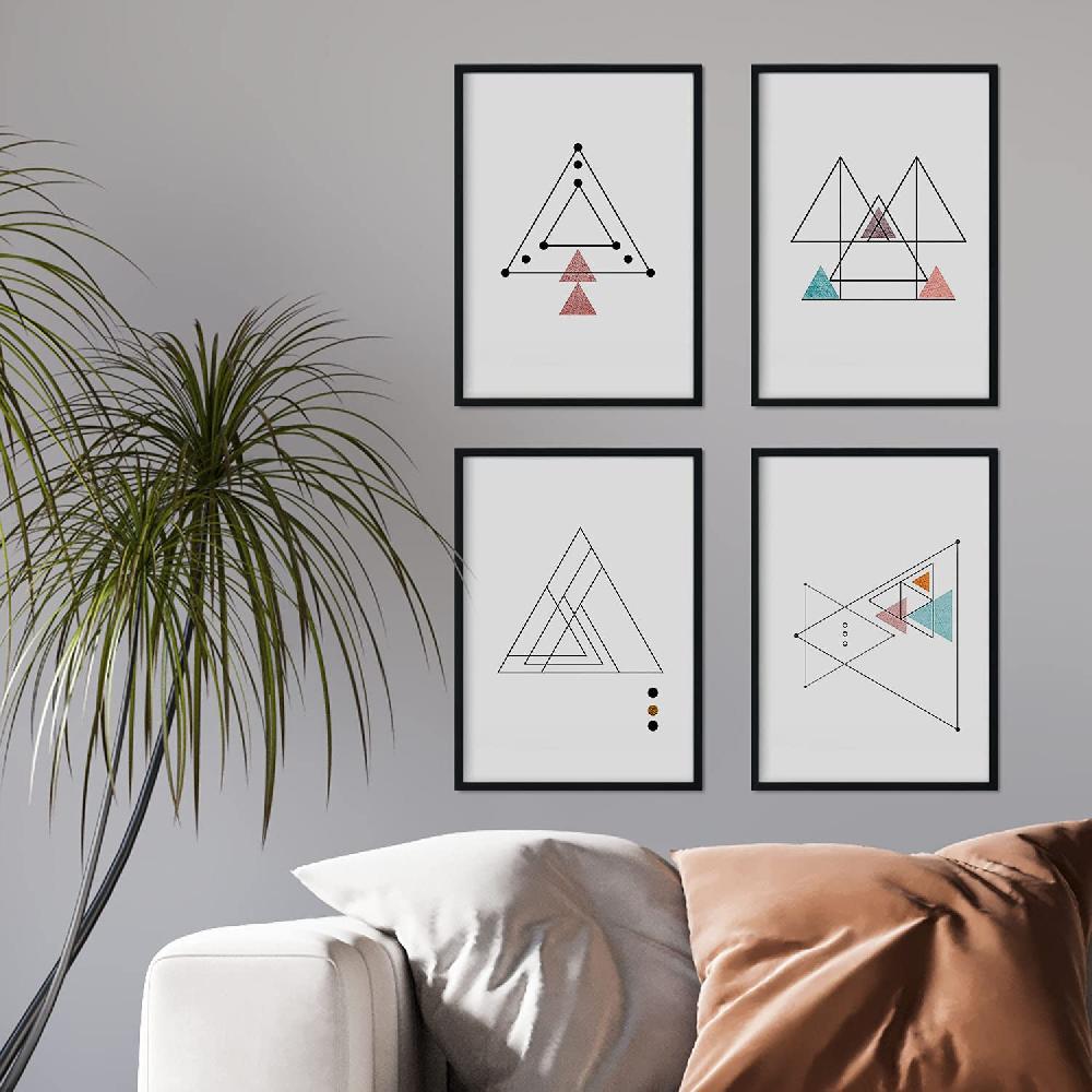 Nacnic Set De 4 Láminas Estilo Nórdico Con Triángulos Y Formas Geométricas En Tonos Rojizos Y Azules