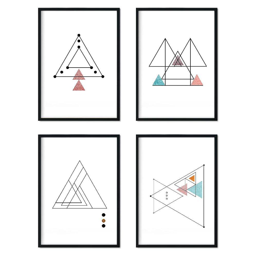 nacnic Set de 4 láminas estilo nórdico con triángulos y formas geométricas en tonos rojizos y azules
