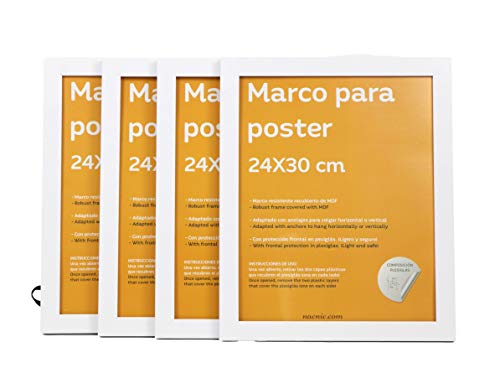 Nacnic Set De 4 Marcos Blancos Para Fotos Posters Láminas Diplomas. Tamaño(24x30 Cm).Robustos De MDF Y Frontal De Plexiglas. Marcos Blancos Para Colgar De Alta Calidad