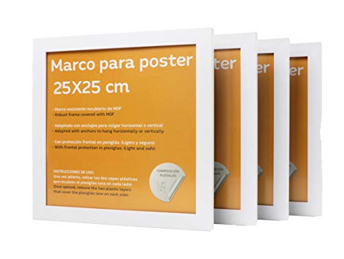 Nacnic Set De 4 Marcos Blancos Para Fotos Posters Láminas Diplomas. Tamaño(25x25 Cm).Robustos De MDF Y Frontal De Plexiglas.Marcos Blancos Para Colgar De Alta Calidad