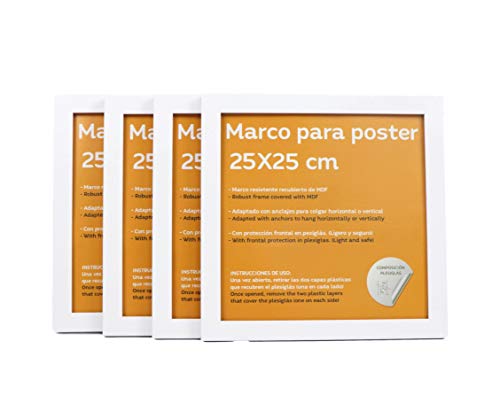 nacnic Set de 4 Marcos blancos para fotos posters láminas diplomas. Tamaño(25x25 cm).Robustos de MDF y frontal de plexiglas.Marcos blancos para colgar de alta calidad