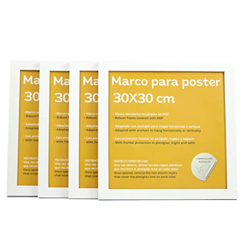 Nacnic Set De 4 Marcos Blancos Para Fotos Posters Láminas Diplomas. Tamaño(30x30 Cm).Robustos De MDF Y Frontal De Plexiglas.Marcos Blancos Para Colgar De Alta Calidad