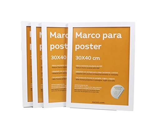 Nacnic Set De 4 Marcos Blancos Para Fotos Posters Láminas Diplomas. Tamaño(30x40 Cm). Robustos De MDF Y Frontal De Plexiglas. Marcos Blancos Para Colgar De Alta Calidad