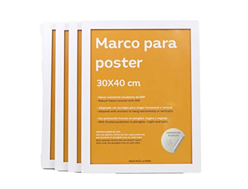 nacnic Set de 4 Marcos blancos para fotos posters láminas diplomas. Tamaño(30x40 cm). Robustos de MDF y frontal de plexiglas. Marcos blancos para colgar de alta calidad