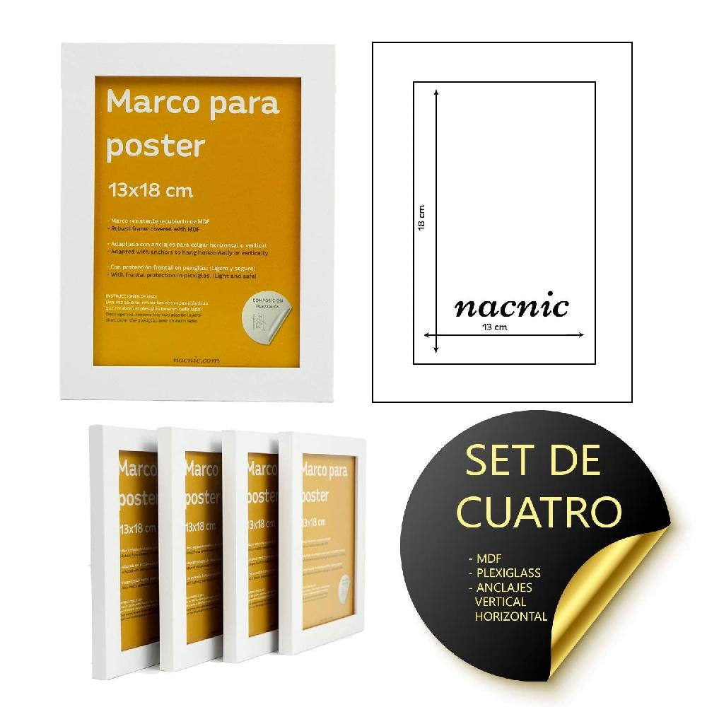 nacnic Set de 4 Marcos blancos para fotos posters láminas diplomas. Tamaño(13x18 cm).Robustos de MDF y frontal de plexiglas.Marcos blancos para colgar de alta calidad
