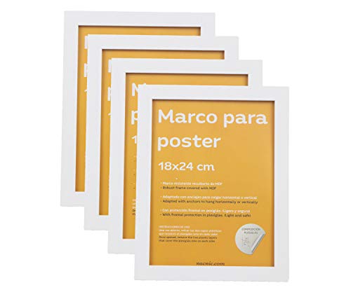 nacnic Set de 4 Marcos blancos para fotos posters láminas diplomas. Tamaño(18x24 cm).Robustos de MDF y frontal de plexiglas.Marcos blancos para colgar de alta calidad