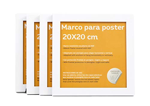 Nacnic Set De 4 Marcos Blancos Para Fotos Posters Láminas Diplomas. Tamaño(20x20 Cm).Robustos De MDF Y Frontal De Plexiglas.Marcos Blancos Para Colgar De Alta Calidad