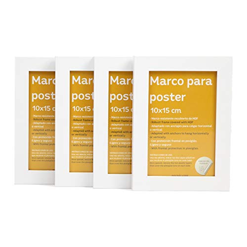 nacnic Set de 4 Marcos blancos para fotos posters láminas diplomas. Tamaño(10x15 cm).Robustos de MDF y frontal de plexiglas.Marcos blancos para colgar de alta calidad